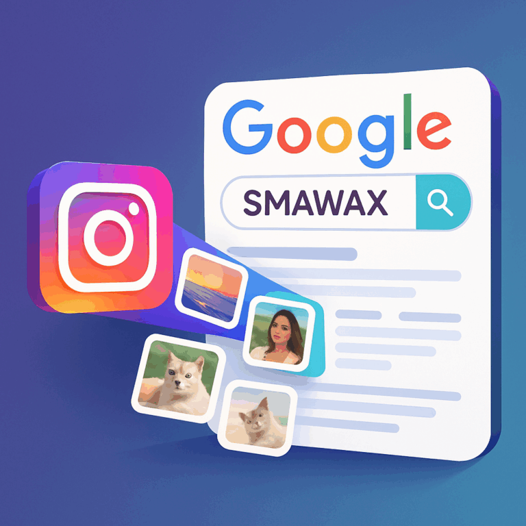 3D-Grafik: Instagram-Logo schickt quadratische Bilder (Sonnenuntergang, Porträt, Hund, Katze) in ein Google-Suchfenster mit dem Keyword „SMAWAX“ – symbolisiert, wie Social-Content Sichtbarkeit in der Suche erhält.