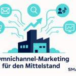 Illustration: Fabrik mit vernetzten Icons (E-Mail, Warenkorb, Suche, Nutzer, Analytics-Monitor) und Aufwärtspfeil – Schriftzug Omnichannel-Marketing für den Mittelstand von SMAWAX.
